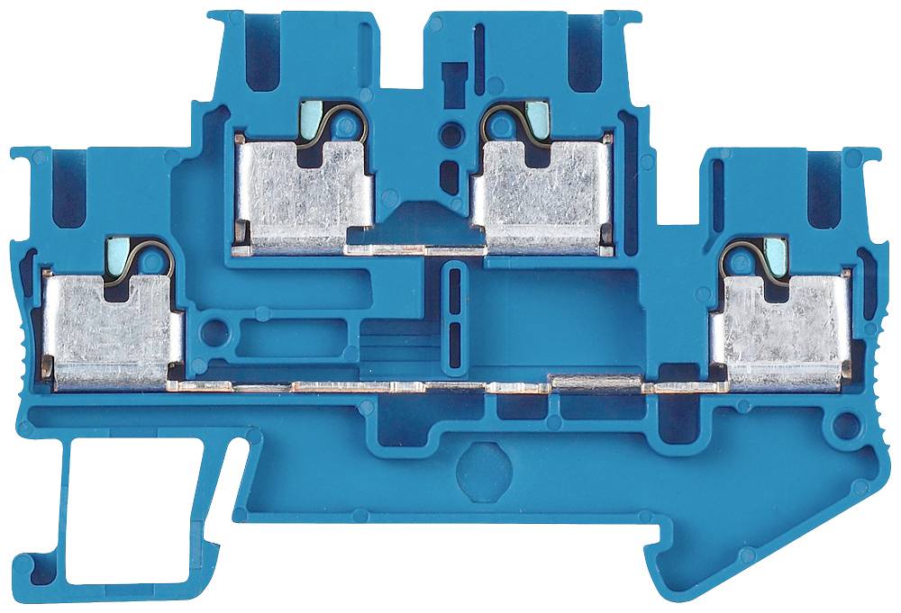 Querschnitt eines blauen Reihenklemmenblocks mit metallischen Verbindungselementen. Hauptstruktur zeigt Anschlüsse und interne Verdrahtung.
