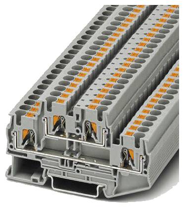 Graue Reihenklemme mit mehreren Anschlussstellen für elektrische Drähte, in einem Stapel montiert; dient zur Verdrahtung im Schaltschrank.