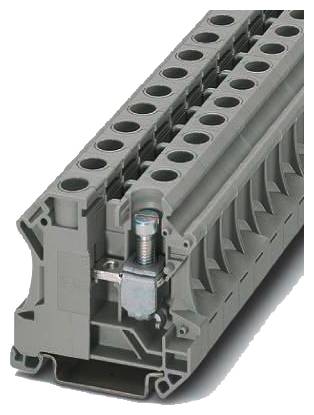 Grauer modularer Anschlussblock mit Schrauben und mehreren Anschlussöffnungen, genutzt in elektrischen Installationen.