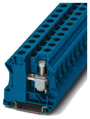 Blauer elektrischer Klemmenblock mit mehreren Anschlüssen und einer Schraubklemme zur sicheren Drahtbefestigung.