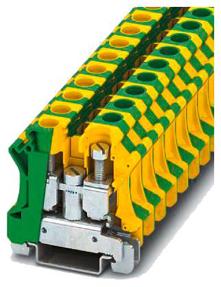 Klemmenblock mit gelb-grüner Isolierung, geeignet für elektrische Verbindungen auf Schienen.