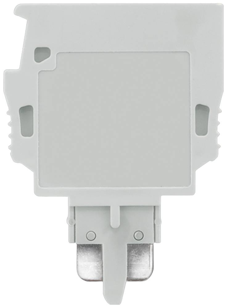 Ein graues elektrisches Bauteil, vermutlich ein Schutzschalter oder eine Sicherung, mit metallischem Anschluss unten und Kunststoffgehäuse.
