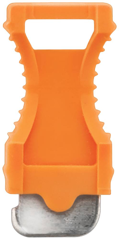 Ein orangefarbener Sicherheitsgurtmesser mit einer Metallklinge am unteren Ende, um Gurte schnell zu durchtrennen.