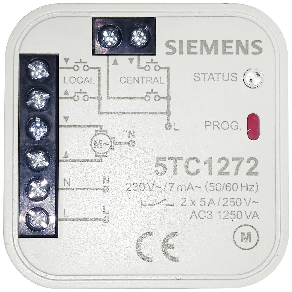 Elektrisches Gerät mit Siemens-Logo, Schaltplan und technischen Spezifikationen: 230V, 5TC1272, 2x5A/250V, Status und Prog-Tasten.