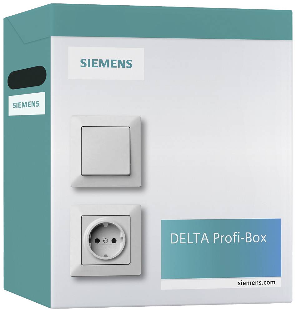 Verpackung der 'Siemens DELTA Profi-Box' mit Abbildung eines Schalters und einer Steckdose.