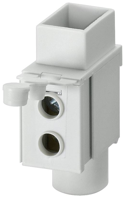 Ein weißes elektrisches Steckverbindergehäuse mit zwei runden Anschlussöffnungen und rechteckigen Anschlussbereichen oben und unten.