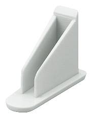 Weiße Kunststoff-Halterung in Form eines V, zur Befestigung von Elementen auf einer flachen Oberfläche.