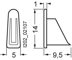 Technische Zeichnung eines Kunststoffstopfs mit den Maßen: Breite 5 mm, Höhe 14 mm, Tiefe 9,5 mm. Artikelnummer: 1202_02107.