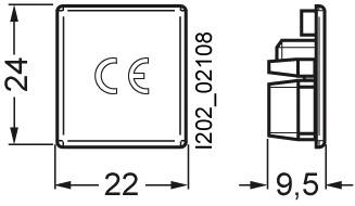 Technische Zeichnung eines quadratischen Geräts mit 'CE'-Kennzeichnung. Maße: 24x22 mm in der Frontansicht, 9,5 mm in der Seitenansicht.