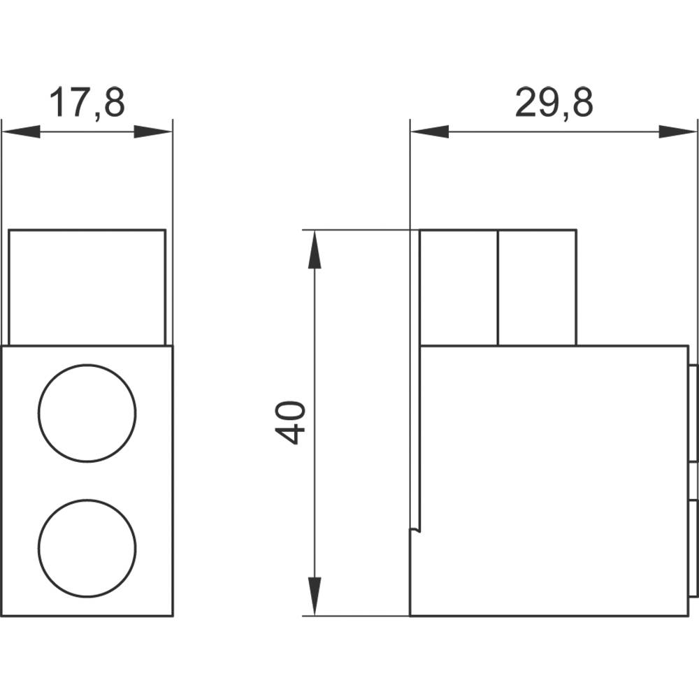 Technische Zeichnung eines rechteckigen Bausteins mit kreisförmigen Erhebungen. Maße: 17,8 mm x 40 mm x 29,8 mm.