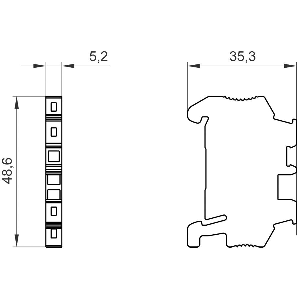 Technische Zeichnung eines Profils. Links: Seitenansicht mit Maßen. Rechts: Querschnittsansicht, Abmessungen 48,6x35,3 mm und Breite 5,2 mm.