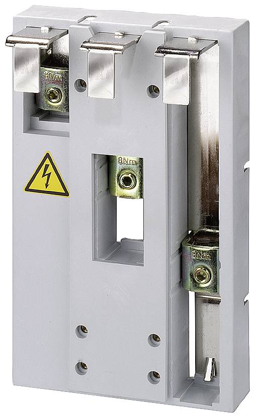 Graues elektrisches Bauteil mit offenliegenden Metallkontakten und einem Warnsymbol für Hochspannung.