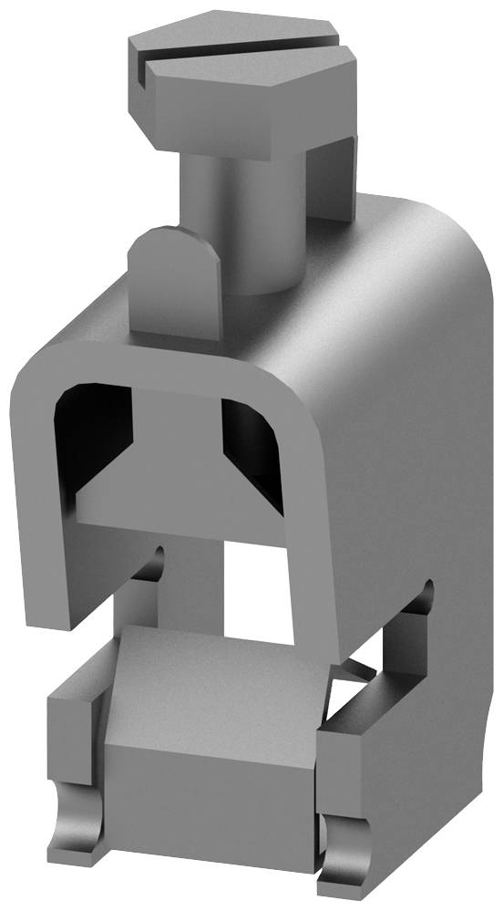 Graues Metallbauteil mit einer Klemmschraube oben und einer breiten, rechteckigen Basis unten; dient zur Befestigung von Elementen.