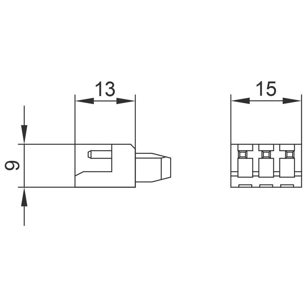 Technische Zeichnung eines Steckverbinders mit den Abmessungen: Breite 15 mm, Höhe 9 mm, Länge 13 mm. Detaillierte Seiten- und Frontansicht.