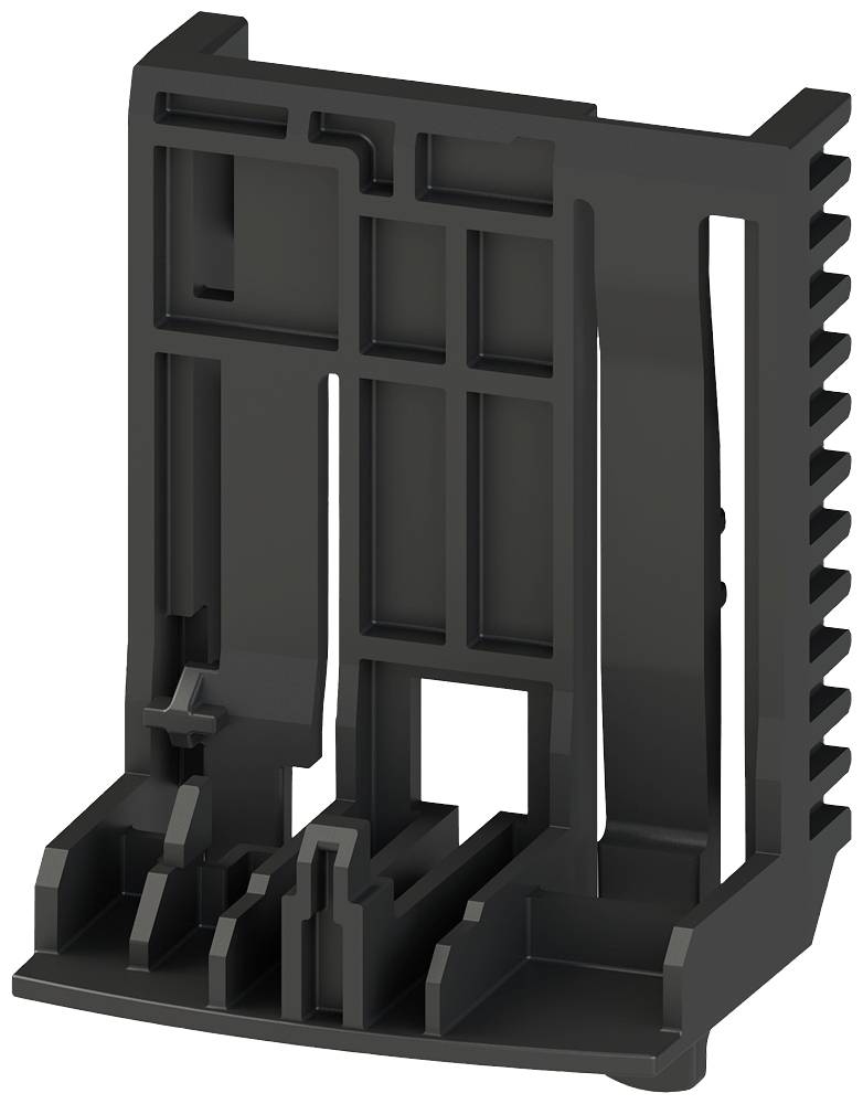 Ein schwarzes, rechteckiges Kunststoffteil mit mehreren Aussparungen und Verstärkungen, möglicherweise ein technisches Bauteil oder Halterung.