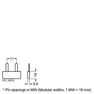 'Pin spacings in MW (Modular widths, 1 MW = 18 mm)': Technische Zeichnung zeigt Pin-Abstände in Millimetern: Breite 3,4, Höhe 14.
