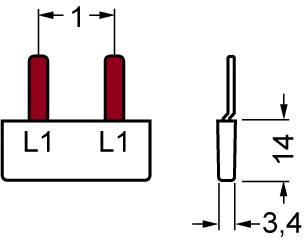 Technische Zeichnung: Zwei rote Pins auf weißer Basis mit der Aufschrift 'L1'. Maße: Breite 1, Höhe 14, Tiefe 3,4.