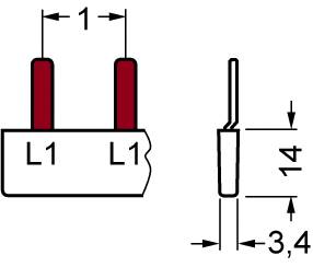 Steckverbinder-Diagramm mit Abmessungen: Breite 3,4 mm, Höhe 14 mm. Bezeichnungen 'L1' an den Anschlüssen, Abstand 1 mm.