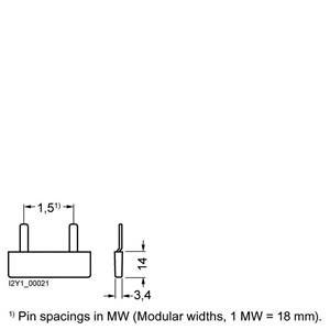 Diagramm zeigt einen rechteckigen Steckverbinder mit 3,4 mm Breite und 14 mm Höhe. Pin-Abstände betragen 1,5 MW (Modulare Breite).
