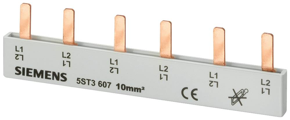 Abgebildet ist eine Siemens Phasenschiene mit sechs Kupferstiften für elektrische Verbindungen, geeignet für 10mm² Leitungsquerschnitt.