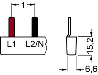 Schaltplan zeigt zweipoligen Anschluss: L1 in Rot, L2/N in Schwarz. Maße: Breite 1 mm, Höhe 15,2 mm, Tiefe 6,6 mm.