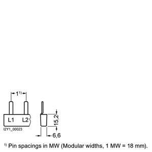 Technische Zeichnung eines Steckers mit zwei Pins, L1 und L2, zeigt Abmessungen: Pin-Abstand in modularen Breiten (MW), 1 MW = 18 mm.