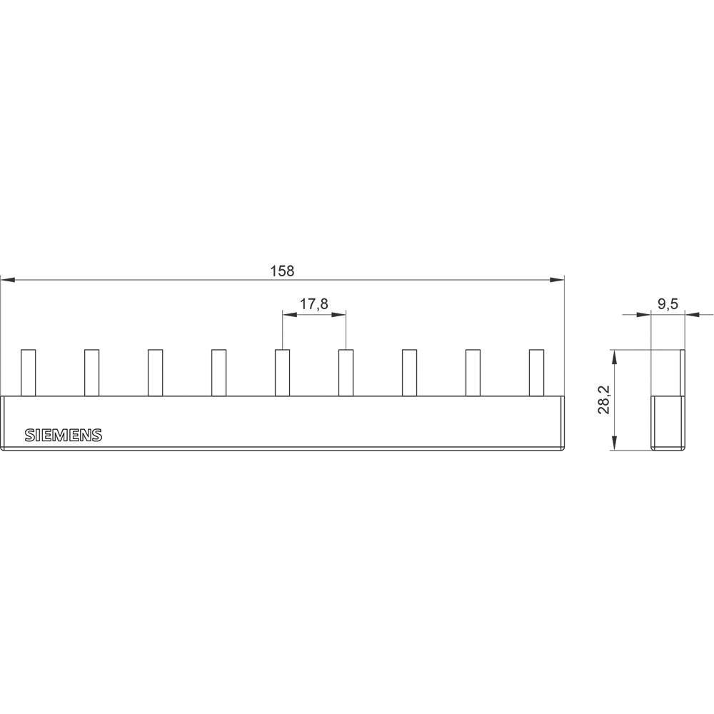 Diagramm zeigt technisches Design einer rechteckigen Stange mit neun gleichmäßigen Zinken. Maße: 158 mm Länge, 28,2 mm Höhe, 9,5 mm Breite.
