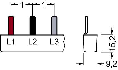 Illustration einer elektrischen Schaltung mit drei vertikalen Linien: L1 (rot), L2 (schwarz), L3 (grau). Maße: Breite 1, Höhe 15,2.
