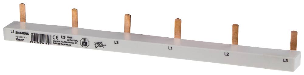 'Siemens' Sammelschiene mit fünf Kupferstiften, beschriftet mit L1, L2, L3. Verwendet für die Verteilung von elektrischer Energie.