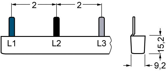 Die Abbildung zeigt ein Diagramm mit drei vertikalen Stiften, beschriftet als L1, L2 und L3. Abstände sind 2 Einheiten, Höhe 15,2 und Breite 9,2 mm.