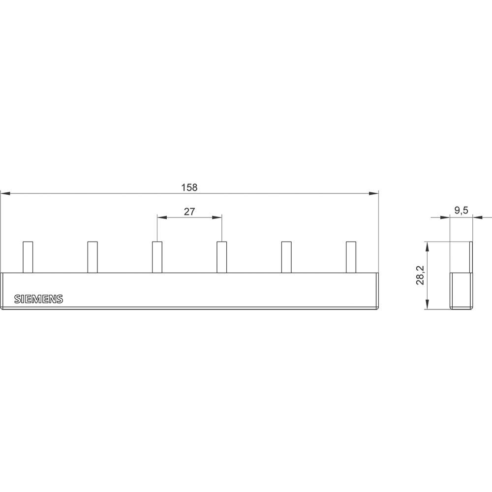 Technische Zeichnung einer Siemens-Klemme. Maße: 158 mm Länge, 28,2 mm Höhe, 9,5 mm Breite. Fünf Anschlüsse in gleichem Abstand.