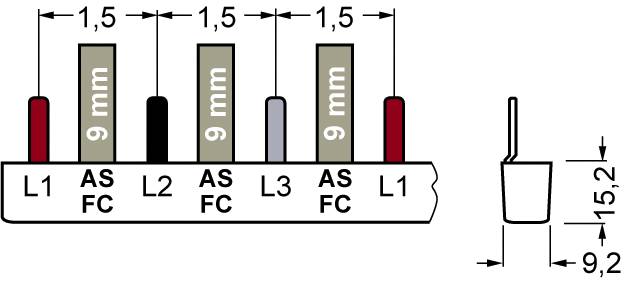 Diagramm eines elektrischen Steckers mit Maßen: Kontakte AS FC und L1, L2, L3; Breite 9 mm, Abstände 1,5 mm, Gesamthöhe 15,2 mm, Breite 9,2 mm.