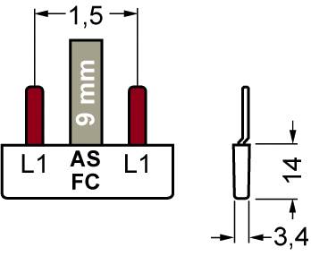 Elektrisches Bauteil, Front- und Seitenansicht mit Beschriftungen: 'L1', 'AS', 'FC'. Maße: Breite 1,5 mm, Höhe 9 mm, Gesamthöhe 14 mm, Dicke 3,4 mm.