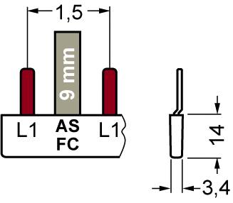 Diagramm einer elektrischen Komponente mit Beschriftungen: 'AS FC', Abmessungen 1,5 mm, 9 mm, 14 mm und 3,4 mm sowie Anschlüsse L1 und L1.