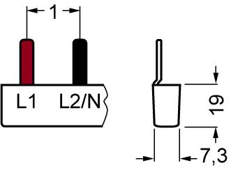 Technische Zeichnung: Zwei Stifte, L1 in rot, L2/N in schwarz. Abmessungen: Breite 1 mm, Höhe 19 mm, Tiefe 7,3 mm.