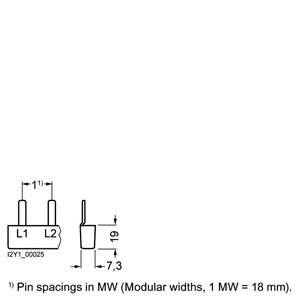Diagramm eines Steckverbinders mit zwei Pins, beschriftet als 'L1' und 'L2'. Abstände in modularen Breiten (MW), 1 MW = 18 mm.