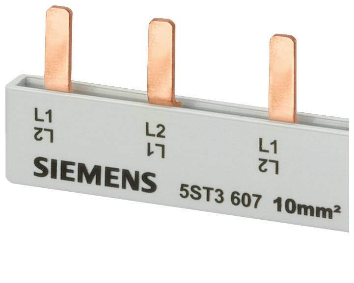 Der Bild zeigt eine graue Schiene mit drei Kupferstiften, beschriftet mit 'L1', 'L2'. Darauf steht 'SIEMENS 5ST3 607 10mm²'.
