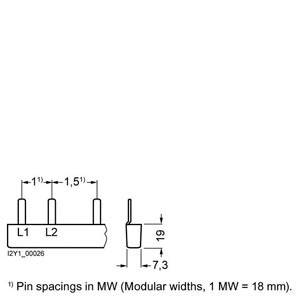 Diagramm zeigt 3 Balken mit Maßen: L1 und L2 mit 1,5 MW Abstand, Höhe 7,3, Breite 1. Maßangabe für modulare Breiten: 1 MW = 18 mm.