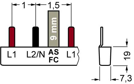 Diagramm eines elektrischen Steckers mit Beschriftungen: L1, L2/N, AS FC, L1. Maße: Breite 9 mm, Höhe 19 mm, Abstand L1-AS FC 1,5 mm.