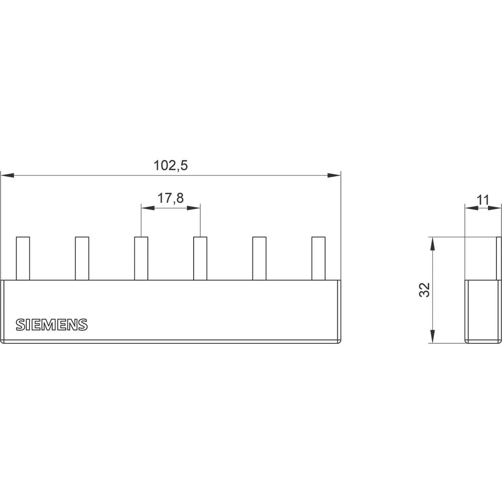 Technische Zeichnung eines Siemens-Bauteils mit Abmessungen: Länge 102,5 mm, Breite 17,8 mm, Höhe 32 mm. Seitenansicht zeigt Höhe 11 mm.