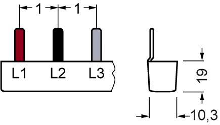 Diagramm zeigt drei vertikale Balken: L1 rot, L2 schwarz, L3 grau. Rechts ist ein Maßstab: Höhe 19, Breite 10,3.