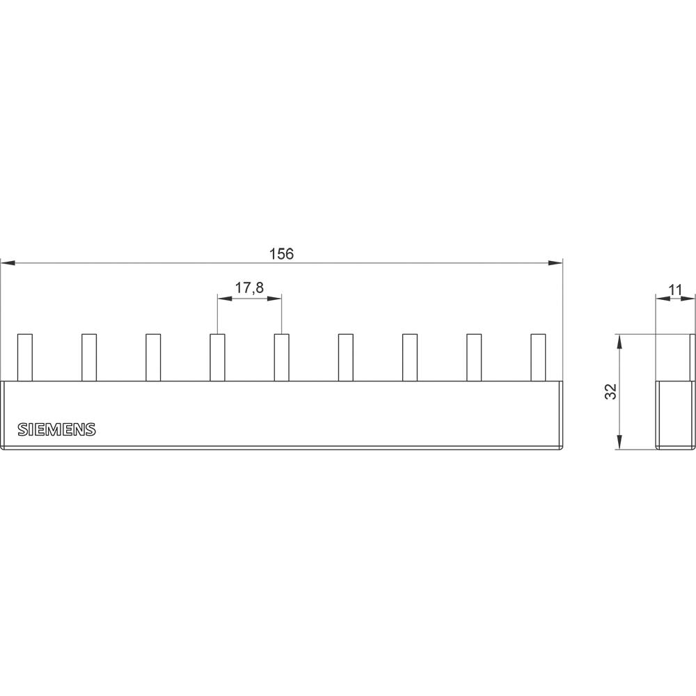 Technische Zeichnung einer Siemens Komponente mit Maßen: Länge 156 mm, Breite 11 mm, Höhe 32 mm. Zeigt Details der Stege.