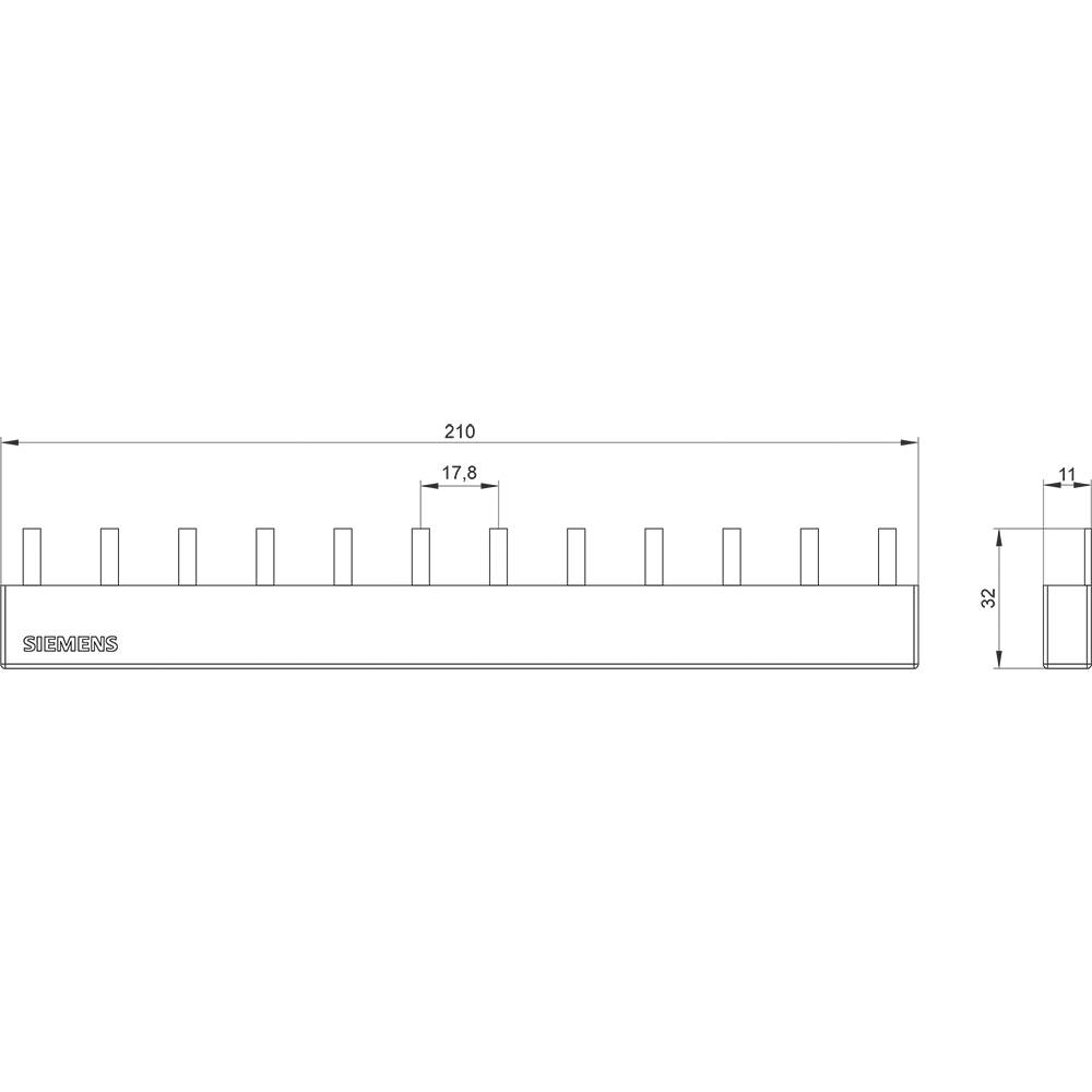 Technische Zeichnung eines Siemens-Bauteils mit Maßen: Länge 210 mm, Breite 32 mm, Höhe 11 mm. Bezeichnete Laschen auf der Oberseite.