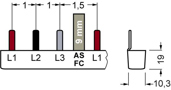Diagramm eines Steckverbinders mit 5 Anschlüssen, beschriftet als L1, L2, L3, AS/FC und L1, mit Maßangaben für Breite und Höhe.