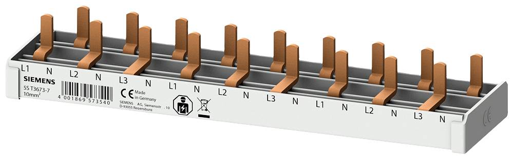 'Siemens' Phasenschiene mit Klemmen für L1, L2, L3, und N. Geeignet für Niederspannungsverteilungen. CE-Kennzeichnung sichtbar.