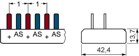'Diagramm eines Steckverbinders mit drei roten und zwei blauen Pins, beschriftet mit '+AS'. Seitliche Maße: 42,4 mm Länge, 13,7 mm Höhe.'