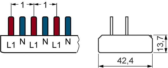 Schema einer elektrischen Anschlussklemme mit beschrifteten Kontakten: L1, N. Maße: Breite 42,4 mm, Höhe 13,7 mm.