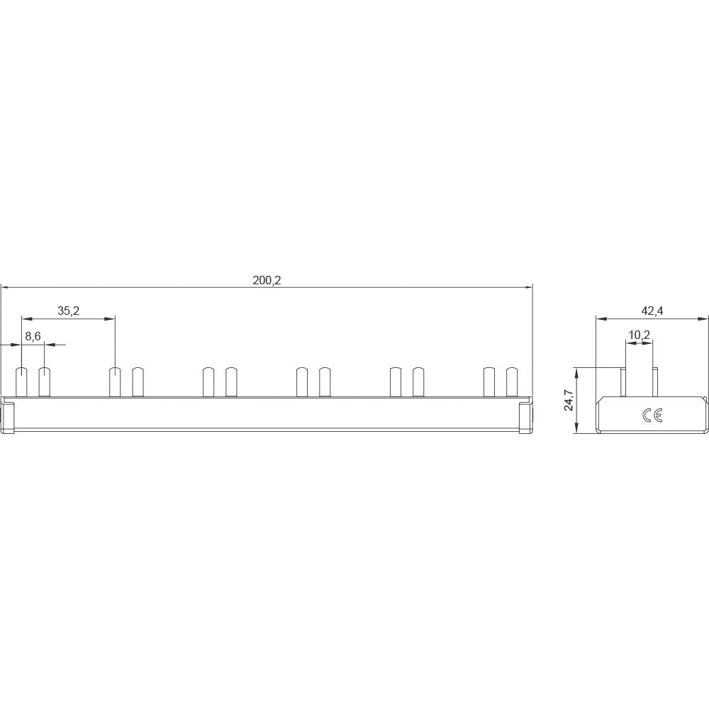 Technische Zeichnung eines Bauteils mit Maßen: Länge 200,2 mm, Höhe 24,7 mm. Markierung 'CE' sichtbar.