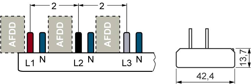 Diagramm eines elektrischen Anschlusses: Drei AFDD-Einheiten sind mit L1, L2, L3 und den entsprechenden Neutralleitern verbunden. Maße: 42,4 mm x 13,7 mm.