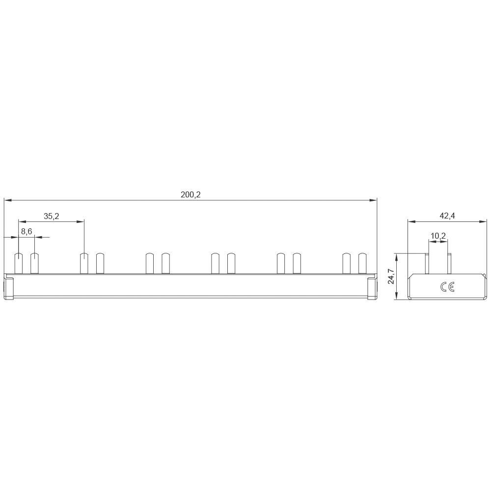 Technische Zeichnung eines mechanischen Bauteils mit Maßen: Breite 200,2 mm, Höhe 42,7 mm, und Tiefe 42,4 mm. Zeigt detaillierte Kanten und Winkel.